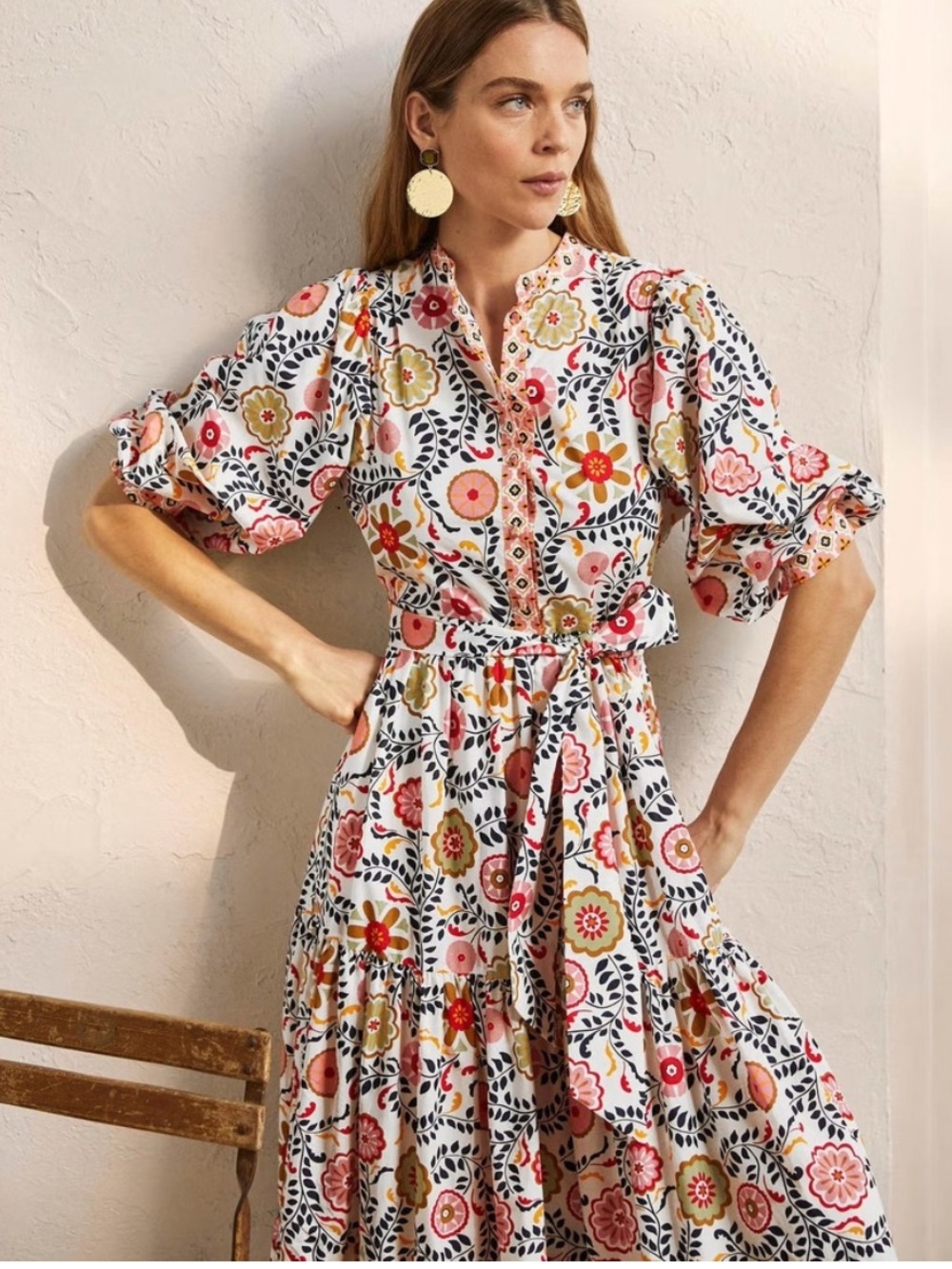 Boden Ava Tiered Maxi Dress Belted White Floral Print Puff Sleeve US 6P $210 - Picture 4 of 13